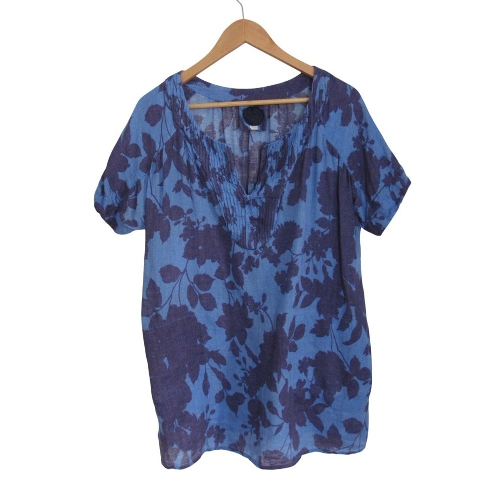 Zyga Blue Linen Floral Top Tunic XS Floral Lagenlook Short Sleeves Oversized